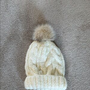 Charlie Paige Cream Knit Beanie with Faux Fur Pom-Pom